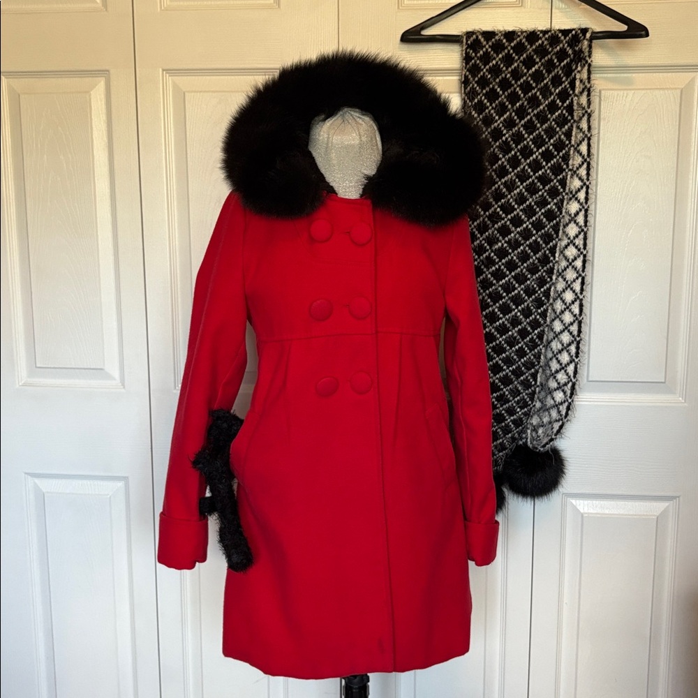 Red Riding Hood Coat with Genuine Removable Fur, Scarf, Glove/Mittens Small Lot